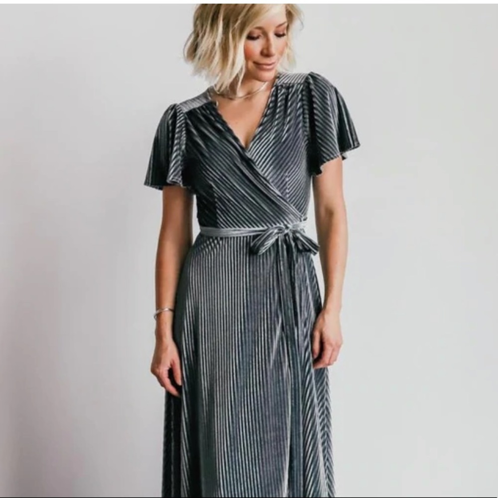 Baltic Born- ribbed velvet wrap dress in pewter